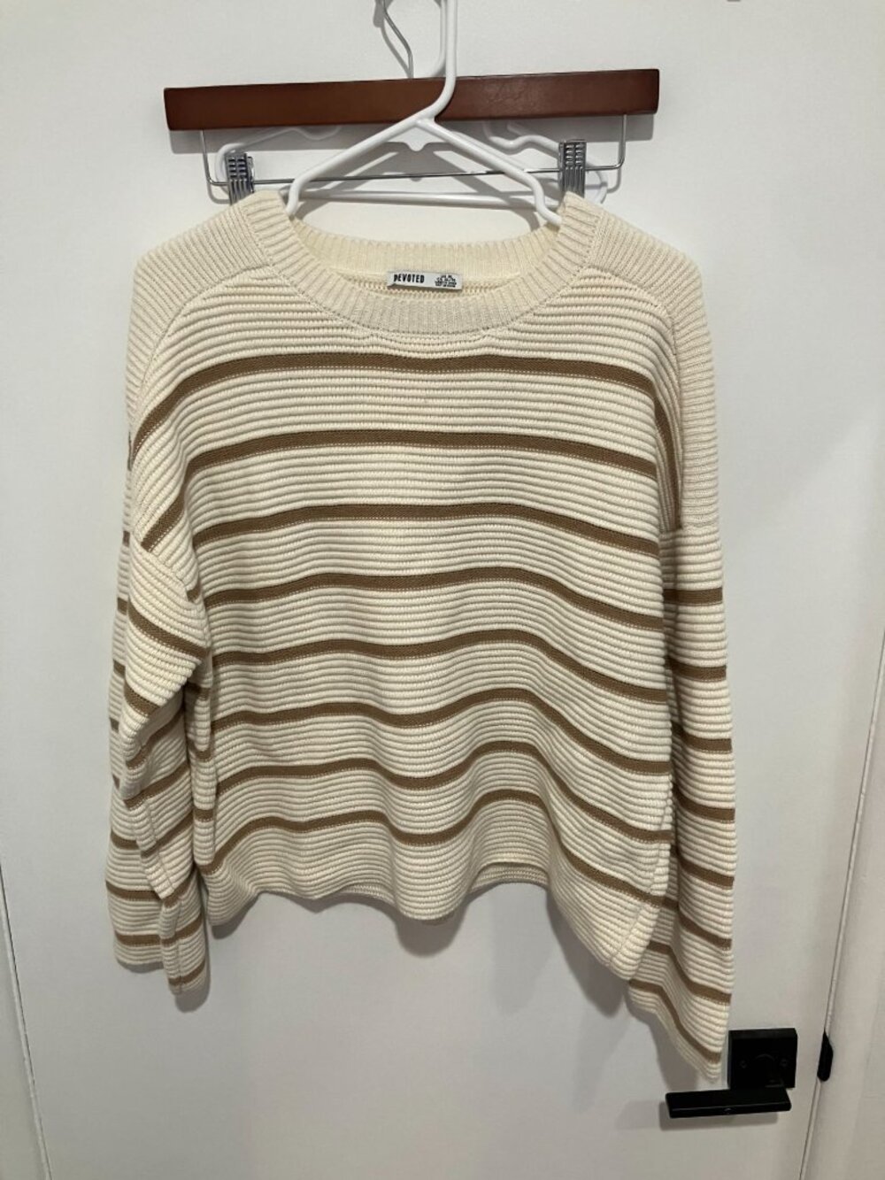 Devoted Women's Ribbed Knit Striped Sweater, Cream/Brown, Size XL